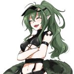  1girl arknights arm_strap bangs black_swimsuit blush closed_eyes commentary_request crocodilian_tail crossed_arms fang gavial_(arknights) green_hair long_hair maiq06 navel open_mouth ponytail simple_background smile solo swimsuit tail upper_body upper_teeth visor white_background 