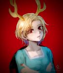  1girl blonde_hair blue_shirt breasts dragon_girl dragon_horns dragon_tail face highres horns hoshiringo0902 kicchou_yachie lips one-hour_drawing_challenge red_background red_eyes shirt short_hair simple_background small_breasts smile tail touhou turtle_shell 