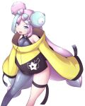 1girl :d bare_shoulders black_coat blue_hair bow-shaped_hair braid breasts coat eyes_visible_through_hair grey_thighhighs halterneck hexagon_print iono_(pokemon) legs_apart light_blue_hair long_hair long_sleeves low-tied_long_hair magnemite magnet multicolored_coat multicolored_eyes multicolored_hair murata_denji one-eyed open_mouth pink_eyes pink_hair pokemon pokemon_(creature) pokemon_(game) pokemon_sv screw sharp_teeth simple_background single_thighhigh sleeves_past_fingers sleeves_past_wrists small_breasts smile standing star_(symbol) star_print teeth thigh-highs thigh_strap twintails two-tone_coat two-tone_hair v-shaped_eyebrows very_long_hair violet_eyes white_background yellow_coat yellow_eyes zettai_ryouiki