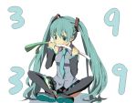  aqua_eyes aqua_hair bad_id detached_sleeves eating hadaarennjared hatsune_miku long_hair mikupa simple_background sitting skirt solo spring_onion thigh-highs thighhighs twintails vocaloid 