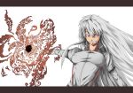  breasts crazy_eyes fang fire fujiwara_no_mokou grin impossible_clothes impossible_shirt large_breasts long_hair long_sleeves magic outstretched_arm outstretched_hand red_eyes shirt silver_hair smile solo supu suspenders touhou 