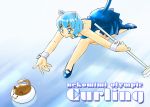  animal_ears bad_id bell blue_eyes blue_hair brush cat_ears cat_tail curling dress jingle_bell olympics original short_hair solo tail wrist_cuffs 