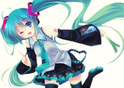  aqua_eyes aqua_hair detached_sleeves hatsune_miku headset long_hair necktie shinia skirt smile solo spring_onion thigh-highs thighhighs twintails very_long_hair vocaloid wink 