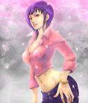  bracelet breasts cleavage highres jeans jewelry klesa leaning_forward navel nico_robin one_piece purple_hair sleeves_folded_up solo 
