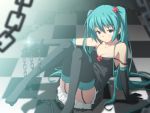  aqua_hair chain chains checkered dress elbow_gloves flower garter_belt garter_straps gloves hair_ornament hatsune_miku sitting strap_slip thigh-highs thighhighs twintails vocaloid yuzuki_kei 