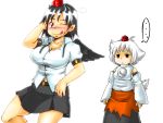  animal_ears black_hair black_wings blush detached_sleeves hat inubashiri_momiji multiple_girls nazotyu red_eyes shameimaru_aya short_hair skirt tail tokin_hat touhou white_hair wings wolf_tail 