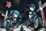  black_rock_shooter_(character) chain chains checkered checkered_floor chibi chiita cross hatsune_miku lowres motor_vehicle motorcycle reflection skull spring_onion star tricycle vehicle vocaloid 