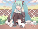  aqua_hair bag blush cat chainlink_fence clock clockshow detached_sleeves fence hatsune_miku long_hair masuneko necktie potato sitting skirt smile spring_onion thigh-highs thighhighs twintails very_long_hair vocaloid zettai_ryouiki 