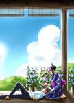  blood brown_hair cloud clouds fan flower hair_flower hair_ornament japanese_clothes kimono koiso_kenji lap_pillow morning_glory nosebleed osuzu_akiomi porch shinohara_natsuki summer_wars veranda 