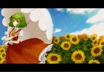  ascot bad_id cloud flower flower_field green_hair hanacco kazami_yuuka lens_flare letterboxed long_skirt nature parasol plaid plaid_skirt plaid_vest puffy_sleeves red_eyes short_sleeves skirt skirt_set sky smile standing sunflower touhou umbrella wind 