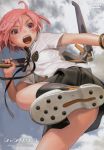  bob_cut boomerang boots bra bracelet cloud clouds convenient_leg cover dvd_cover from_below highres houjou_kuniko jewelry lingerie looking_back murata_renji official_art open_mouth pink_hair purple_eyes range_murata ribbon scan school_uniform shangri-la short_hair skirt sky solo underwear violet_eyes weapon 