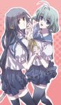  alternate_costume antenna_hair bad_id black_hair blue_eyes brown_eyes contemporary hand_holding holding_hands kamyu kanan_yt long_hair multiple_girls school_uniform serafuku silver_hair simple_background skirt thigh-highs thighhighs utawareru_mono utawarerumono yuzuha yuzuha_(utawareru_mono) 