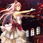  bow cross crown dress frills jewelry lips long_hair megurine_luka nail_polish necklace open_mouth outstretched_arms pink_eyes pink_hair sk sleeveless sleeveless_dress smile solo striped vocaloid white_dress wind window 