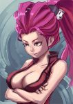  bad_id breasts cleavage crossed_arms face green_eyes large_breasts long_hair original pink_hair ponytail solo 