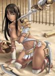  blue_eyes breast_hold brown_hair cage covering covering_breasts dark_skin gladiator gladiator_begins gladiatrix helmet ian_shen long_hair medeia sand signature sword weapon 