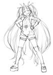  cozy hands_on_hips horns long_hair monochrome sketch smile thighhighs 