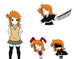   animal_ears rabbit_ears bunnysuit chibi genderswap kurosaki_ichigo orange_hair school_uniform side_ponytail sword thigh-highs weapon zettai_ryouiki  