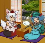  animal animal_ears backpack bag blue_eyes blue_hair detached_sleeves dog fishing hair_bobbles hat inubashiri_momiji japanese_clothes kappa kawashiro_nitori key short_hair tadashi tail tokin_hat touhou twintails white_hair wolf_ears wolf_tail 