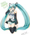  aqua_eyes aqua_hair breasts detached_sleeves hand_on_headphones happy hatsune_miku headphones headset jumping long_hair mikupa necktie panties seo_tatsuya sideboob skirt solo striped striped_panties thigh-highs thighhighs twintails underwear very_long_hair vocaloid zettai_ryouiki 