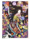  artbook black_hair butterfly enma_ai flower highres japanese_clothes jigoku_shoujo long_hair oka_mariko red_eyes scan 