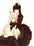  alternate_costume bad_id belt black_hair closed_eyes contemporary dress fujiwara_no_mokou hair_ribbon happy houraisan_kaguya hug long_hair loup-garou multiple_girls red_eyes ribbon shirt sitting smile touhou white_hair white_shirt 