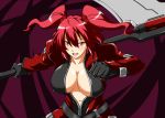  :d blazblue breasts cleavage cosplay hair_bobbles hair_ornament huge_breasts onozuka_komachi open_clothes open_mouth open_shirt pink_eyes ragna_the_bloodedge ragna_the_bloodedge_(cosplay) red_hair scythe shirt shouji_2 smile solo touhou 