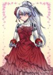  1girl android aqua_hair bare_shoulders blue_hair blush dress labrys long_hair persona persona_4:_the_ultimate_in_mayonaka_arena ponytail red_dress robot_joints segami_daisuke solo wedding_dress yellow_eyes 