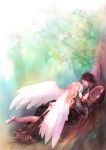  angel armor asmodian brown_hair demon elyos highres pointy_ears red_eyes tree wings y-chan 