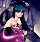  1girl bat_wings capcom darkstalkers demon_girl elbow_gloves gloves green_eyes green_hair head_wings headwings lipstick morrigan_aensland pantyhose solo succubus takemaru08 vampire_(game) wings 