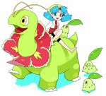  1girl aqua_hair bad_id barefoot blue_eyes chikorita crystal_(pokemon) flower gum_(gmng) hat meganium pokemon pokemon_(creature) pokemon_(game) pokemon_gsc simple_background sitting smile twintails 