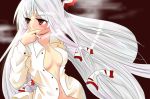  center_opening fujiwara_no_mokou hair_ribbon long_hair navel negiko no_bra open_clothes open_shirt red_eyes ribbon shirt silver_hair smoke smoking touhou white_shirt 