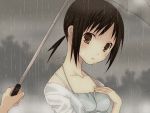  brown_eyes brown_hair kaga_ai mole piyoyo16 ponytail rain sayonara_zetsubou_sensei short_hair umbrella 