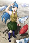  blue_hair happy hinowa_you leaf long_hair original puddle school_uniform skirt solo umbrella wink 