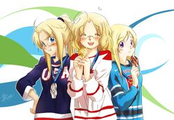  3girls :t ahoge america_(hetalia) axis_powers_hetalia blonde_hair blue_eyes canada_(hetalia) closed_eyes clothes_writing finland_(hetalia) genderswap glasses hand_on_hip jersey long_hair medal multiple_girls olympics piggy_ho_ho ponytail purple_eyes violet_eyes 