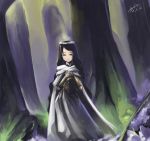 black_eyes black_hair cape dress flower forest gua highres long_hair nature original signature solo standing tree 