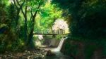  1girl bridge brown_hair cherry_blossoms original river scenery shrine skirt spring_(season) sunlight thigh-highs tree water you_(shimizu) 