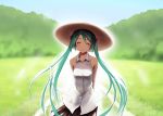  aqua_hair arms_behind_back bare_shoulders blurry closed_eyes hat hatsune_miku hide_e imada_hidehito long_hair nature skirt smile solo twintails very_long_hair vocaloid 