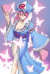  amamiya_akito breasts butterfly cleavage dual_wielding fan hat highres pink_hair red_eyes saigyouji_yuyuko short_hair solo touhou 