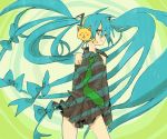  1girl bad_id bare_shoulders blue_eyes blue_hair bow cat detached_sleeves hair_bow hatsune_miku headphones headset long_hair mokeo necktie skirt smile solo twintails very_long_hair vocaloid 