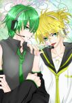  2boys blonde_hair green_hair hatsune_mikuo kagamine_len vocaloid 