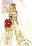  blonde_hair bouquet breasts bride celes_chere cleavage closed_eyes dress final_fantasy final_fantasy_vi flower hair_ornament hair_ribbon jewelry lipstick long_hair necklace ponytail ribbon rose sakizou solo standing traditional_media watercolor_(medium) wedding_dress 
