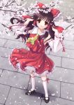  1girl alha bow brown_hair cherry_blossoms detached_sleeves from_above hair_bow hair_ribbon hakurei_reimu kneehighs long_hair looking_up petals red_eyes ribbon short_hair solo standing touhou white_legwear 