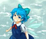  blue_hair bow cirno cloud clouds from_above grin hair_bow ribbon shiba_murashouji short_hair smile sparkle star touhou wings 