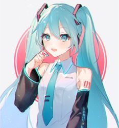  1girl :d arm_tattoo bangs black_sleeves blue_eyes blue_hair blue_neckwear blush collared_shirt detached_sleeves eyebrows_visible_through_hair floating_hair grey_background hair_between_eyes hair_ornament harutoto hatsune_miku headphones headset long_hair long_sleeves microphone nail_polish necktie open_mouth shirt sleeveless sleeveless_shirt smile solo tattoo twintails upper_body very_long_hair vocaloid white_shirt wing_collar 