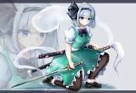  1girl black_bow black_footwear black_hairband black_neckwear black_ribbon blue_eyes bob_cut bow bowtie breasts collared_shirt ghost green_skirt green_vest grey_background hair_ribbon hairband highres hitodama hitodama_print katana konpaku_youmu konpaku_youmu_(ghost) medium_breasts pantyhose poke200 ribbon scabbard sheath sheathed shirt shoes short_hair short_sleeves silver_hair simple_background skirt skirt_set small_breasts socks sword touhou vest wakizashi weapon white_legwear white_shirt 