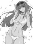  1girl absurdres artist_name bangs bikini blunt_bangs blunt_ends breasts cowboy_shot english_commentary eyebrows_visible_through_hair eyewear_on_head forehead_protector greyscale highres hyuuga_hinata large_breasts long_hair looking_at_viewer mandytsune monochrome naruto_(series) naruto_shippuuden navel petals smile solo sunglasses swimsuit twitter_logo watermark 