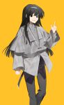  1girl absurdres bangs black_eyes black_hair black_pants coat commentary_request feet_out_of_frame grey_coat guu_(guu8) hand_up highres index_finger_raised long_hair long_sleeves looking_at_viewer original pants parted_lips simple_background smile solo teeth yellow_background 