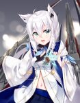  1girl :d \m/ aircraft airplane animal_ears azur_lane bangs blue_eyes blurry commentary_request depth_of_field eyebrows_visible_through_hair eyes_visible_through_hair fighter_jet fox_ears hair_between_eyes highres hololive jet long_hair long_sleeves looking_at_viewer machinery military military_vehicle navel open_mouth pleated_skirt shirakami_fubuki sidelocks simple_background skirt smile solo star_(symbol) tamariyazuna turret virtual_youtuber white_hair 