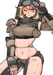  1girl android bangs blonde_hair breasts brown_gloves drawfag fingerless_gloves gloves hand_on_hip hood hood_up ion_(titanfall_2) joints looking_at_viewer medium_breasts metal_skin navel one_eye_closed personification robot_joints short_hair solo titanfall_(series) titanfall_2 