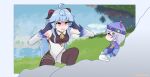  2girls absurdres ahoge armpits bangs bell black_bodysuit black_gloves blue_hair bodysuit braid cape coin_hair_ornament commentary detached_sleeves english_commentary eyebrows_visible_through_hair finger_to_head ganyu_(genshin_impact) genshin_impact gloves grass hair_between_eyes hat highres horns jiangshi kneeling long_hair long_sleeves looking_at_another low_ponytail meme multiple_girls neck_bell ofuda pointing pointing_at_self purple_hair qing_guanmao qiqi_(genshin_impact) rock seiza sidelocks single_braid sitting sunggou think_mark_think!_(meme) tree violet_eyes vision_(genshin_impact) white_legwear 